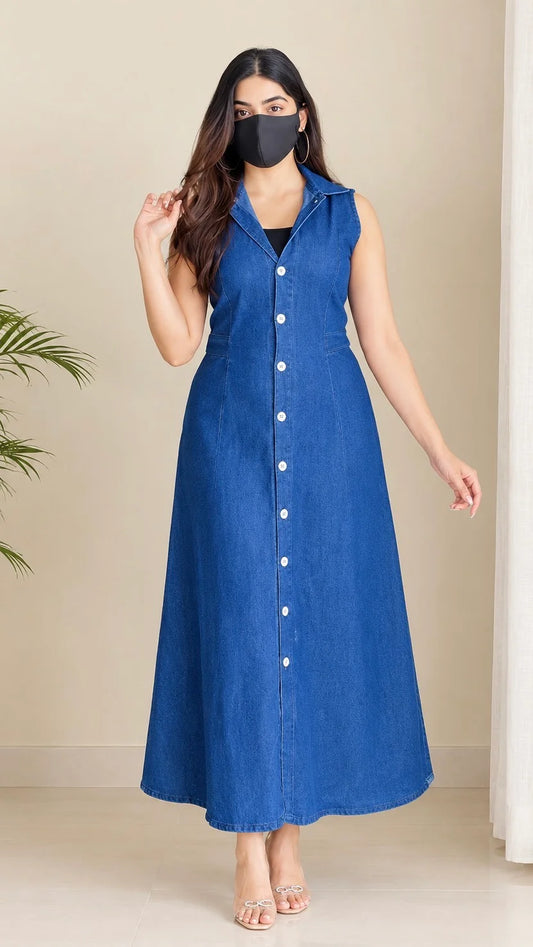 Premium Blue Denim Midi Dress With Attached Belt