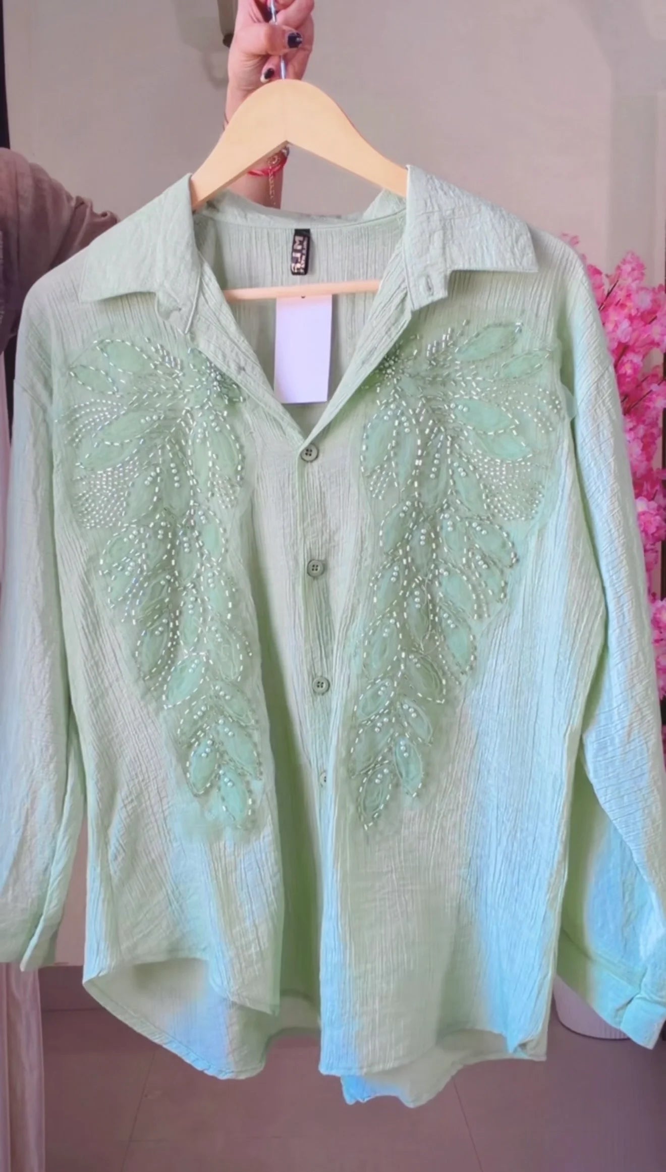 Pastel Green leaf Embroidered Premium Shirt