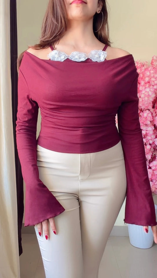 Premium Bardot Top with Floral Appliqué