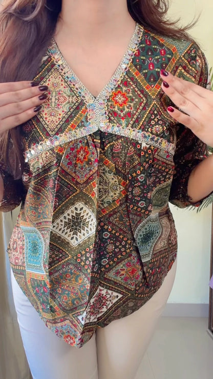 Boho Patchwork V-Neck Top