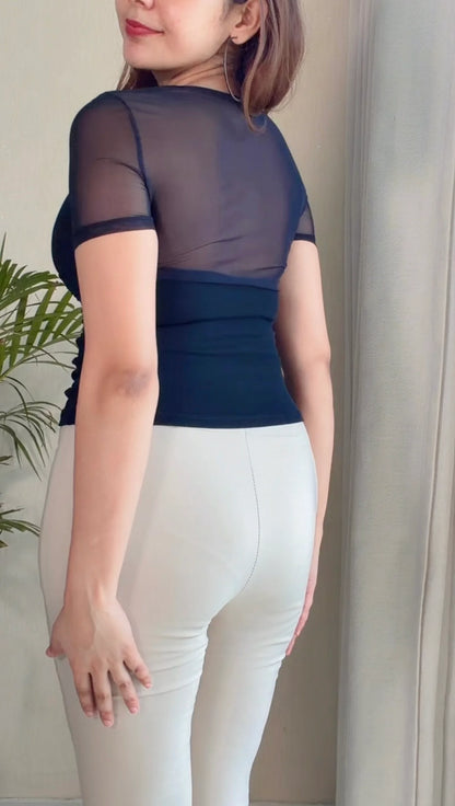Black Ruched Mesh Sleeve Padded Top
