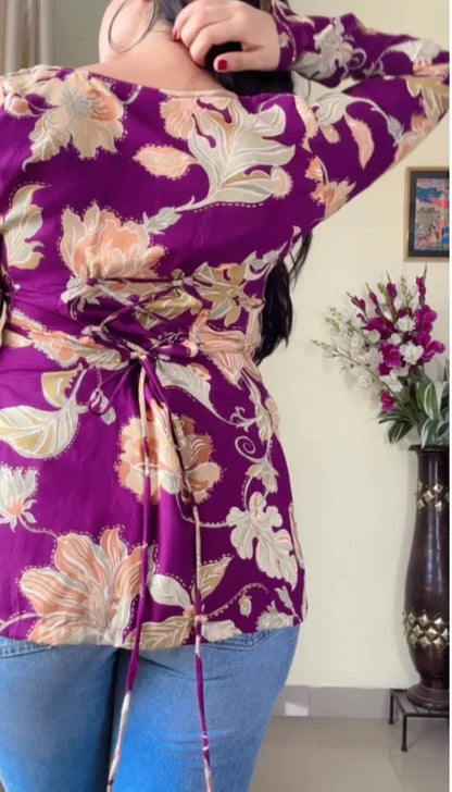 Women Floral Printed Square-Neck Pure Muslin Kurti (Purple) KT-123