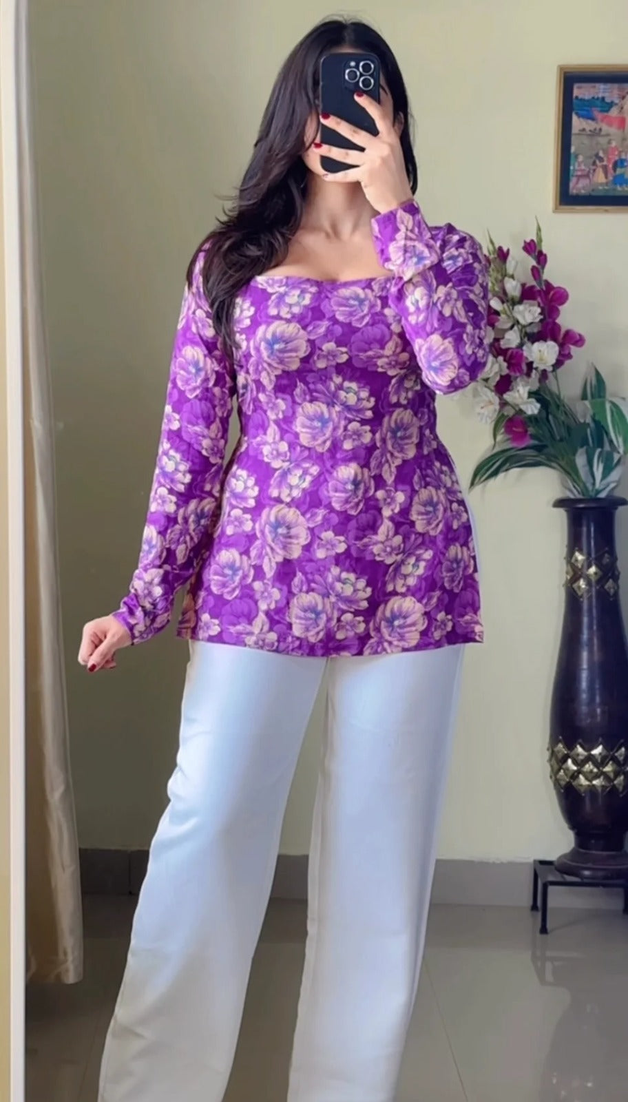 Women Floral Printed Square-Neck Pure Muslin Kurti (Purple) KT-121