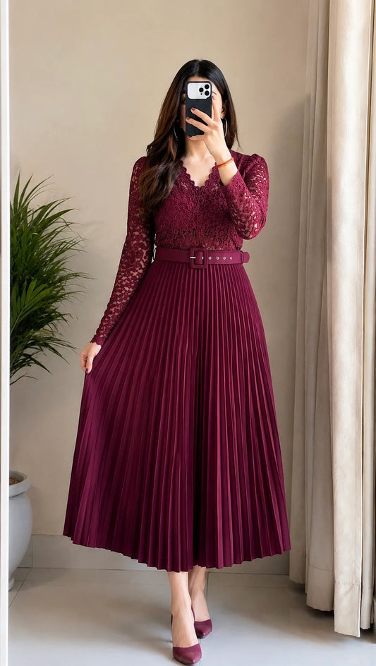 Wine Pleated Midi Skirt
