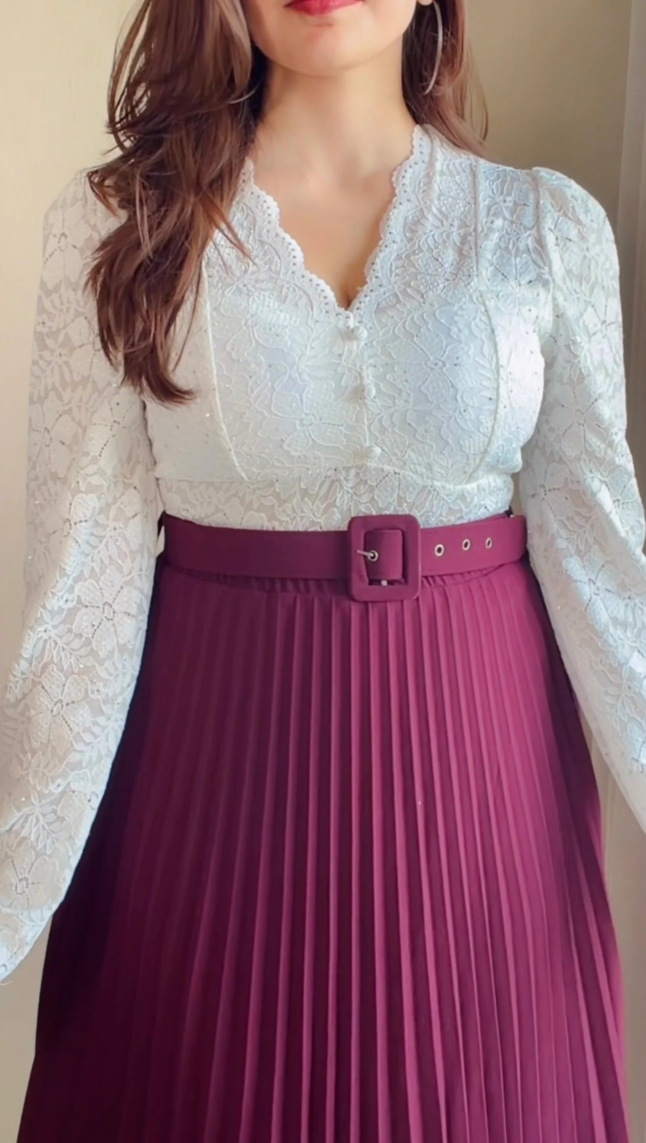 Wine Pleated Midi Skirt