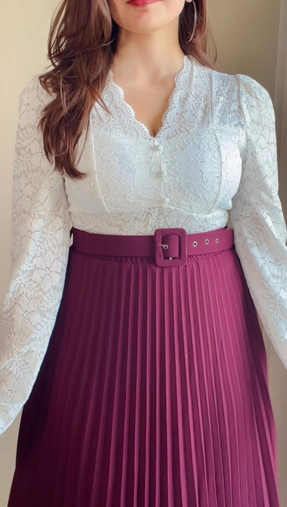 Wine Pleated Midi Skirt