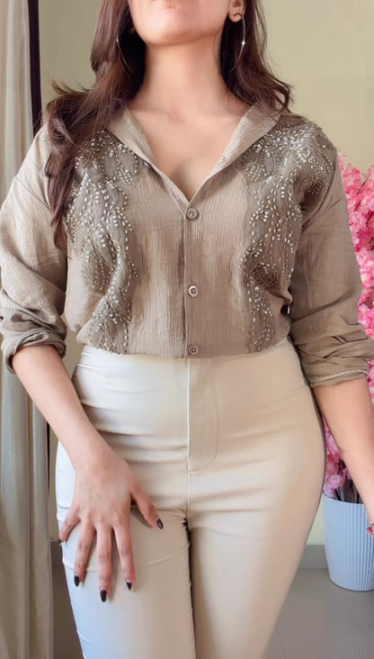 Camel brown leaf Embroidered Premium Shirt