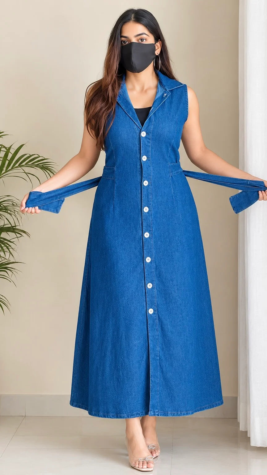 Premium Blue Denim Midi Dress With Attached Belt