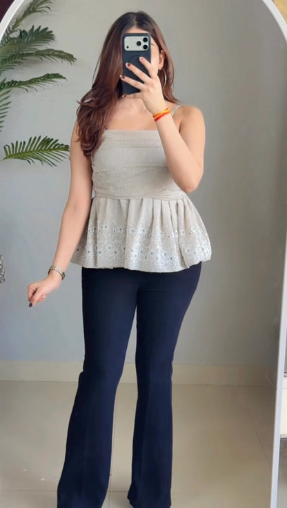 Classy Striped Floral Embroidery Square Neck Top (Copy)