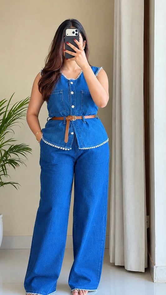 Soft Denim Belted Peplum Coord Set