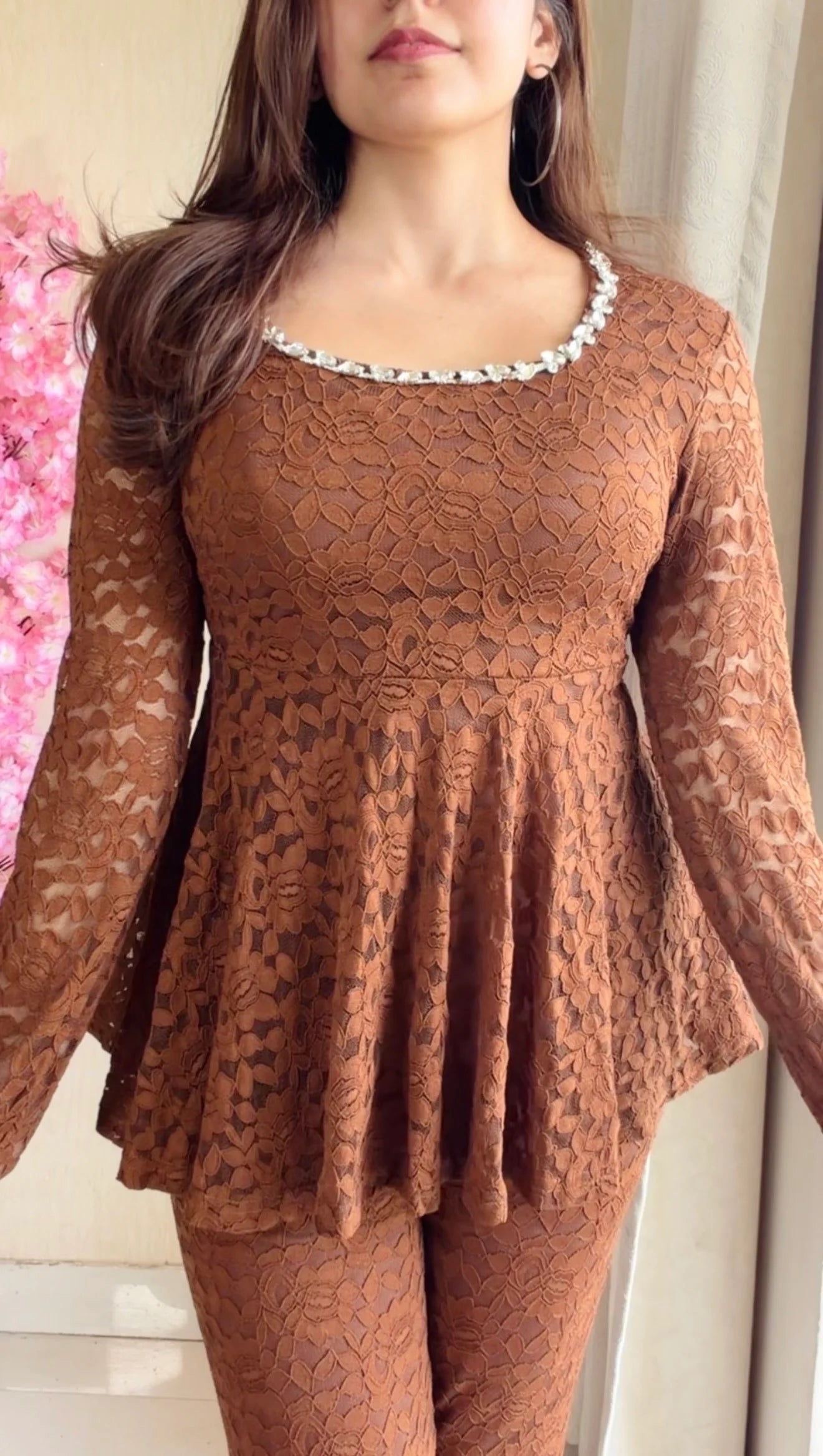 Mocha Brown Lace Peplum Co-ord Set