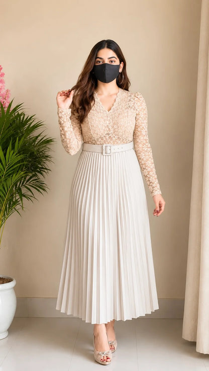 Beige Lace Pleated Co-ord Set with Belt (Top+ Skirt)