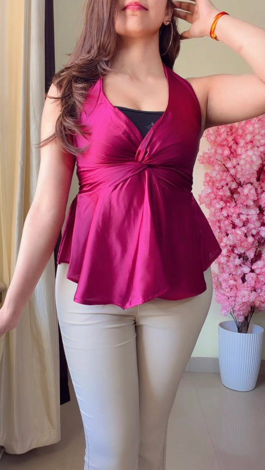 Satin Twist-Front Halter Peplum Top.