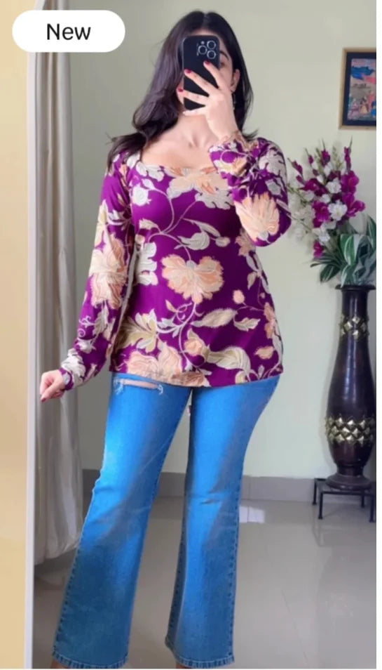 Women Floral Printed Square-Neck Pure Muslin Kurti (Purple) KT-123