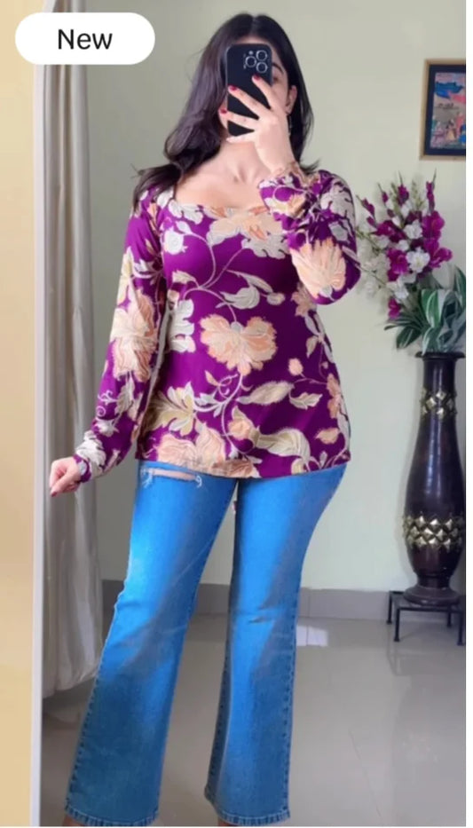 Women Floral Printed Square-Neck Pure Muslin Kurti (Purple) KT-123