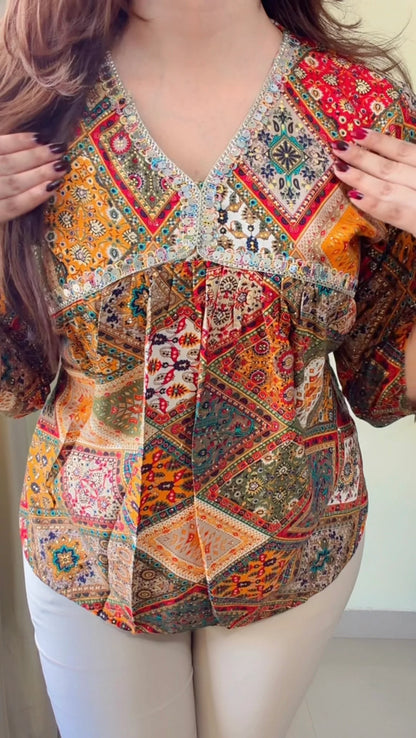 Boho Patchwork V-Neck Top