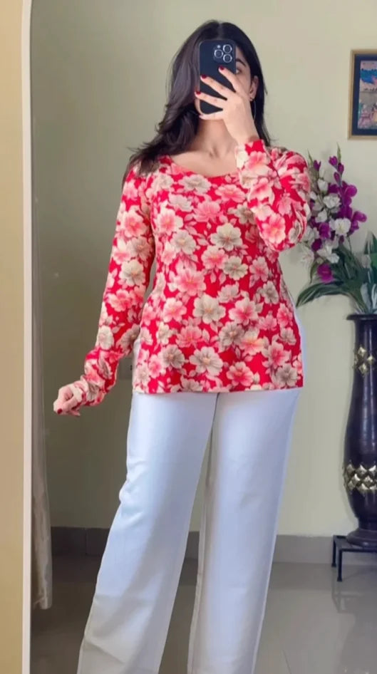 Women Floral Printed V-Neck Pure Muslin Kurti (Cherry Red) KT-117