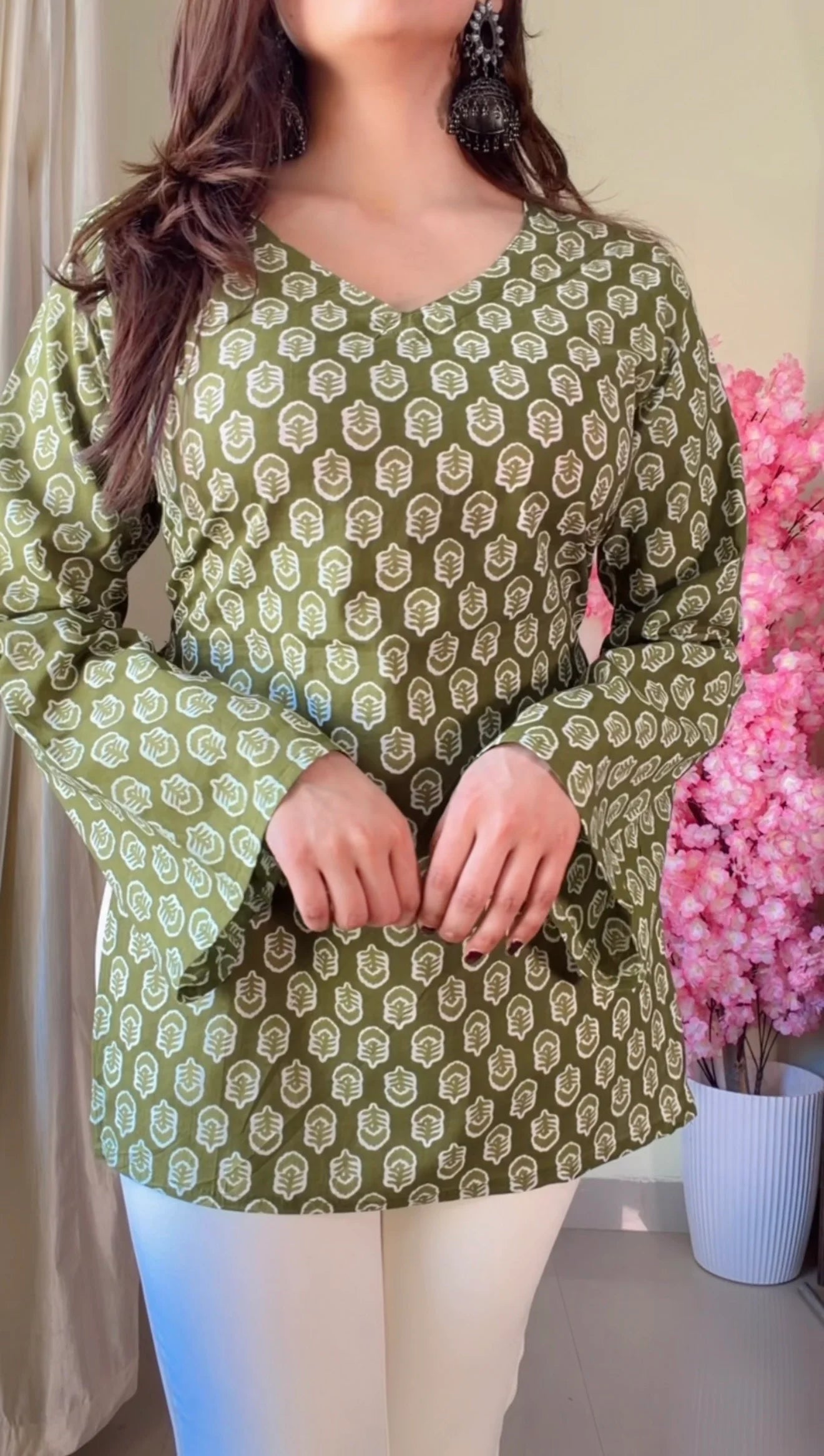 Green Floral Corset Back Short kurti