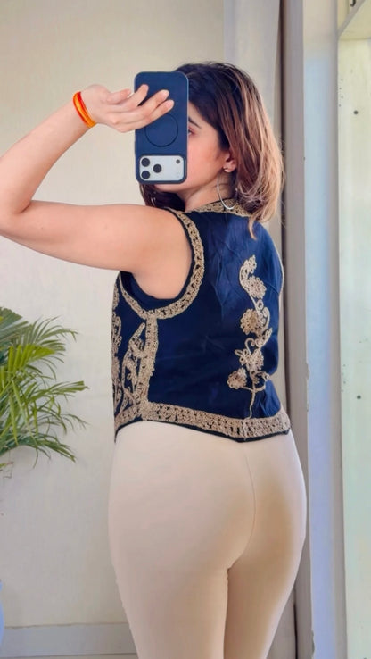 Vintage Bloom Embroidered Denim Vest (Golden)