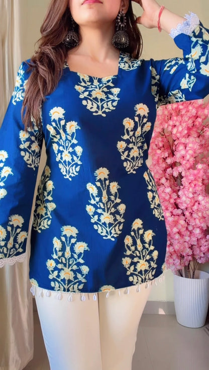 Blue Floral Flared Sleeves Short kurti