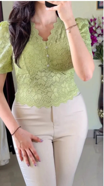 Green Lace Button Top T-143