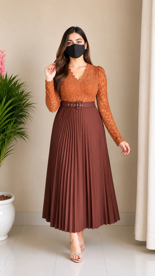 Lace Pleated Co-ord Set with Belt (Padded Top+ Skirt)