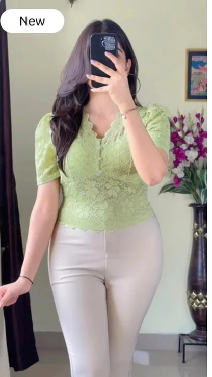 Green Lace Button Top T-143
