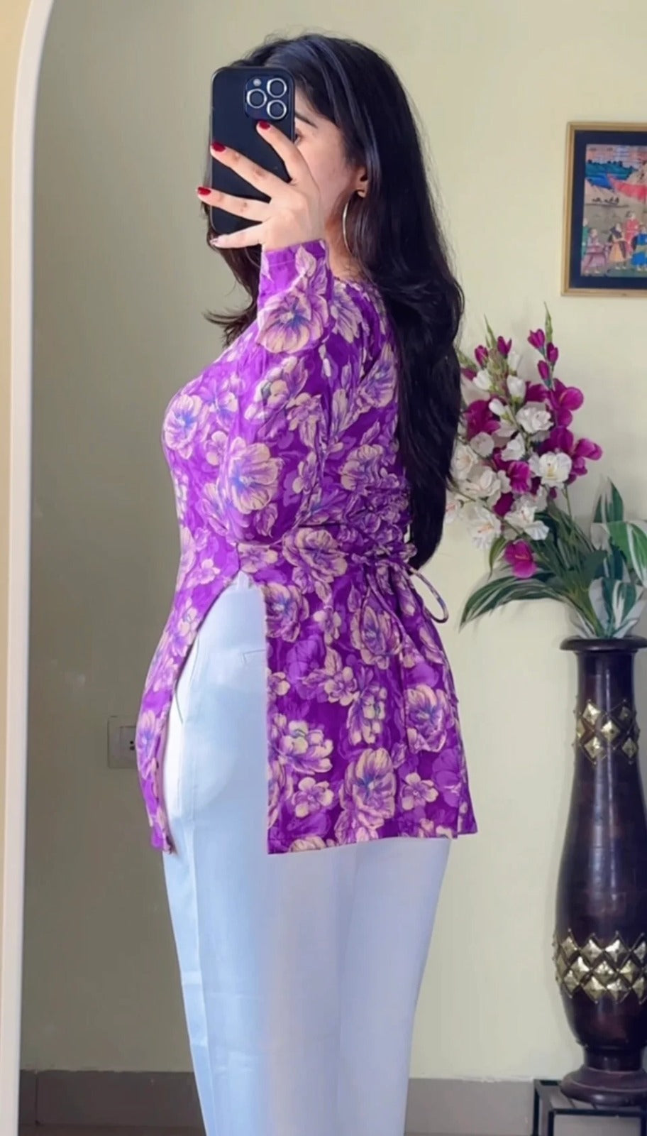 Women Floral Printed Square-Neck Pure Muslin Kurti (Purple) KT-121