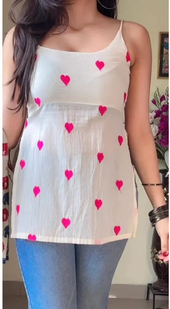 Pink Heart Print Short Kurti (Lining Attached) KT-114