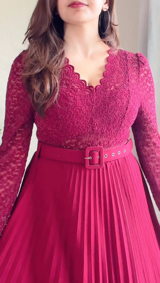 Cherry Red Lace Pleated Co-ord Set with Belt (Top+ Skirt)