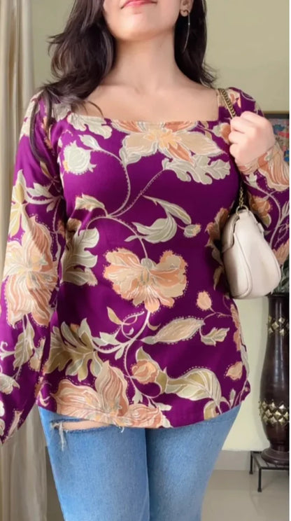 Women Floral Printed Square-Neck Pure Muslin Kurti (Purple) KT-123