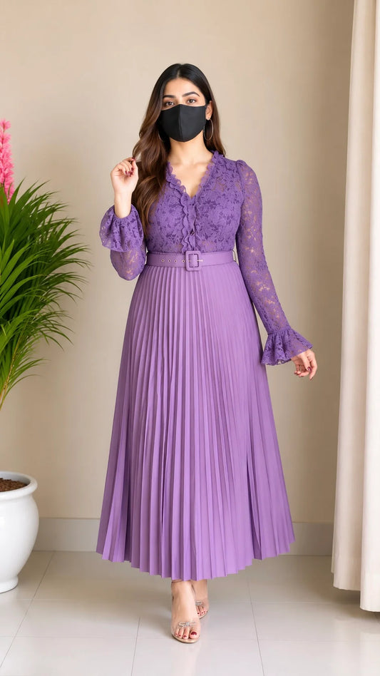 Lace Pleated Co-ord Set with Belt (Padded Top+ Skirt)