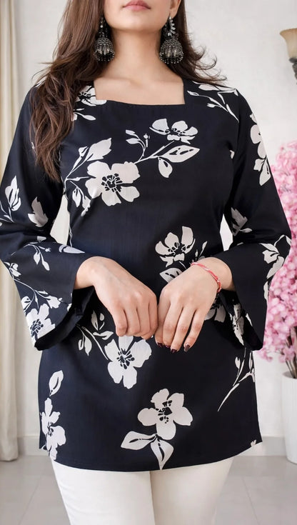 Black Floral Corset Back  Short kurti