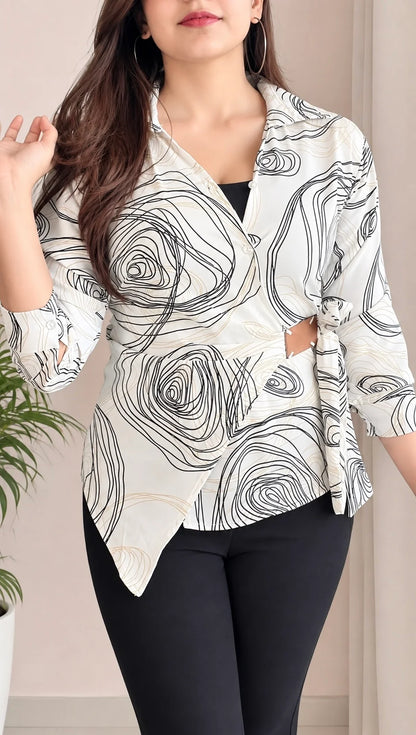 Abstract Print Side-Belt Shirt