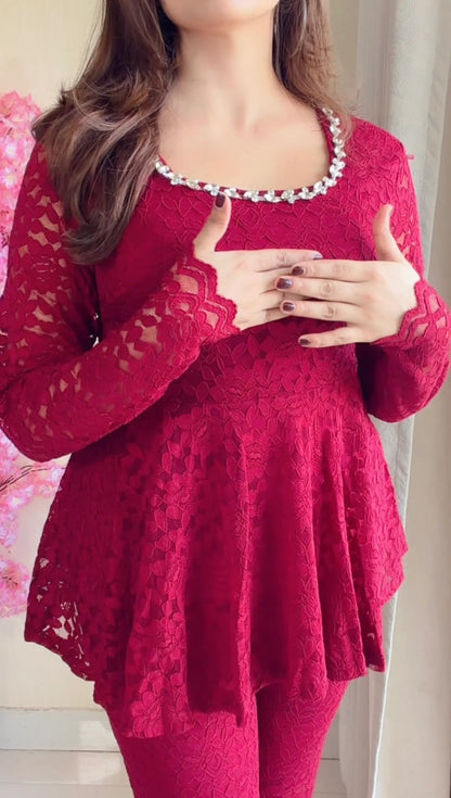 Cherry Red Lace Peplum Co-ord Set