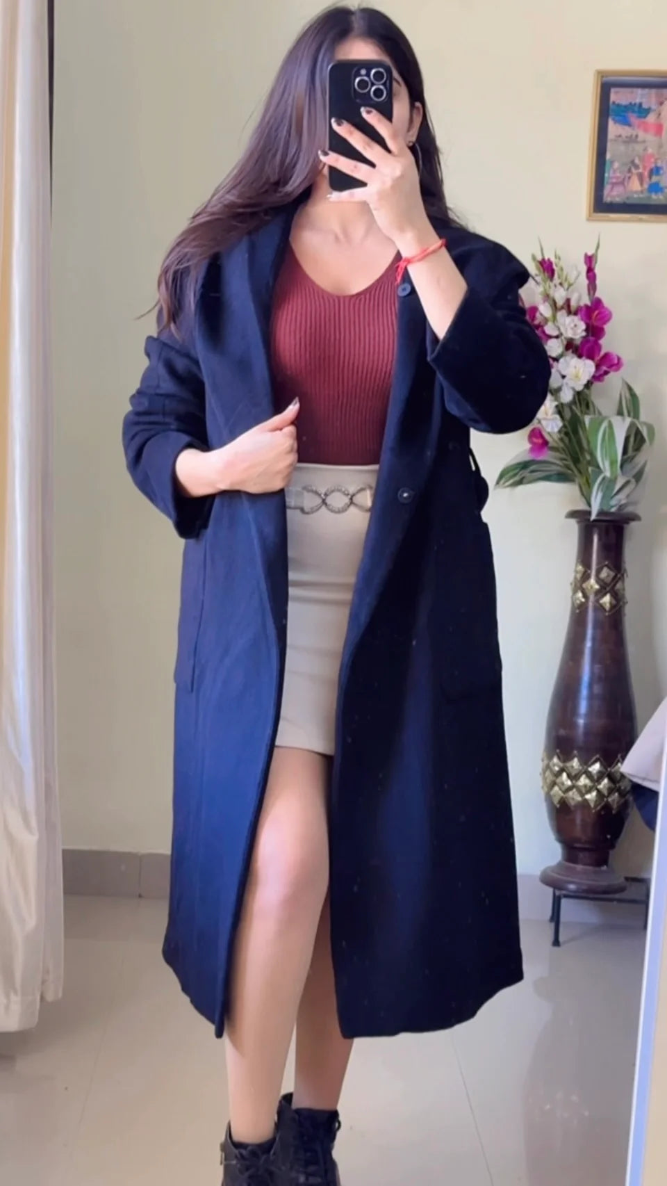 (Size- L to XL) Black Winter Coat (With Belt & Cap) - (WO167)