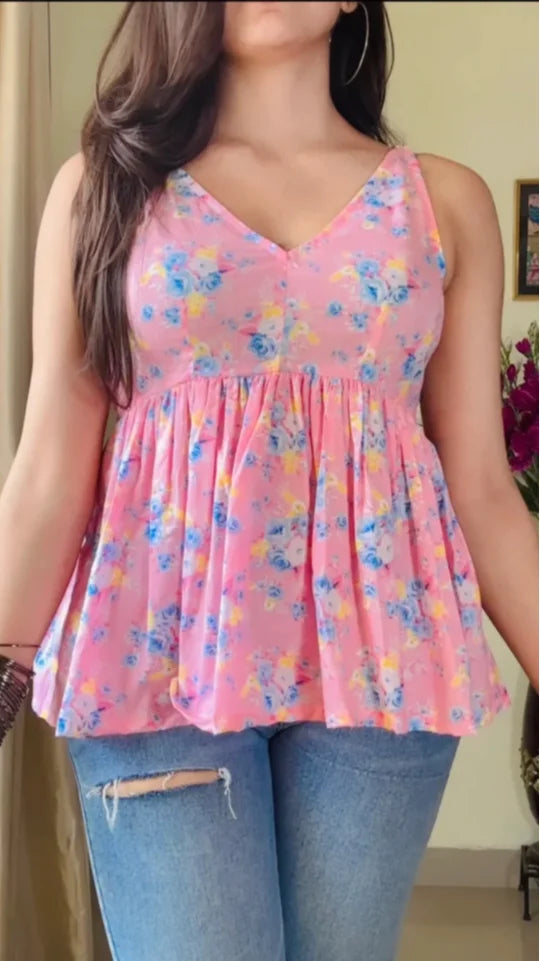 Pink Floral Shoulder Strapped Top KT-103