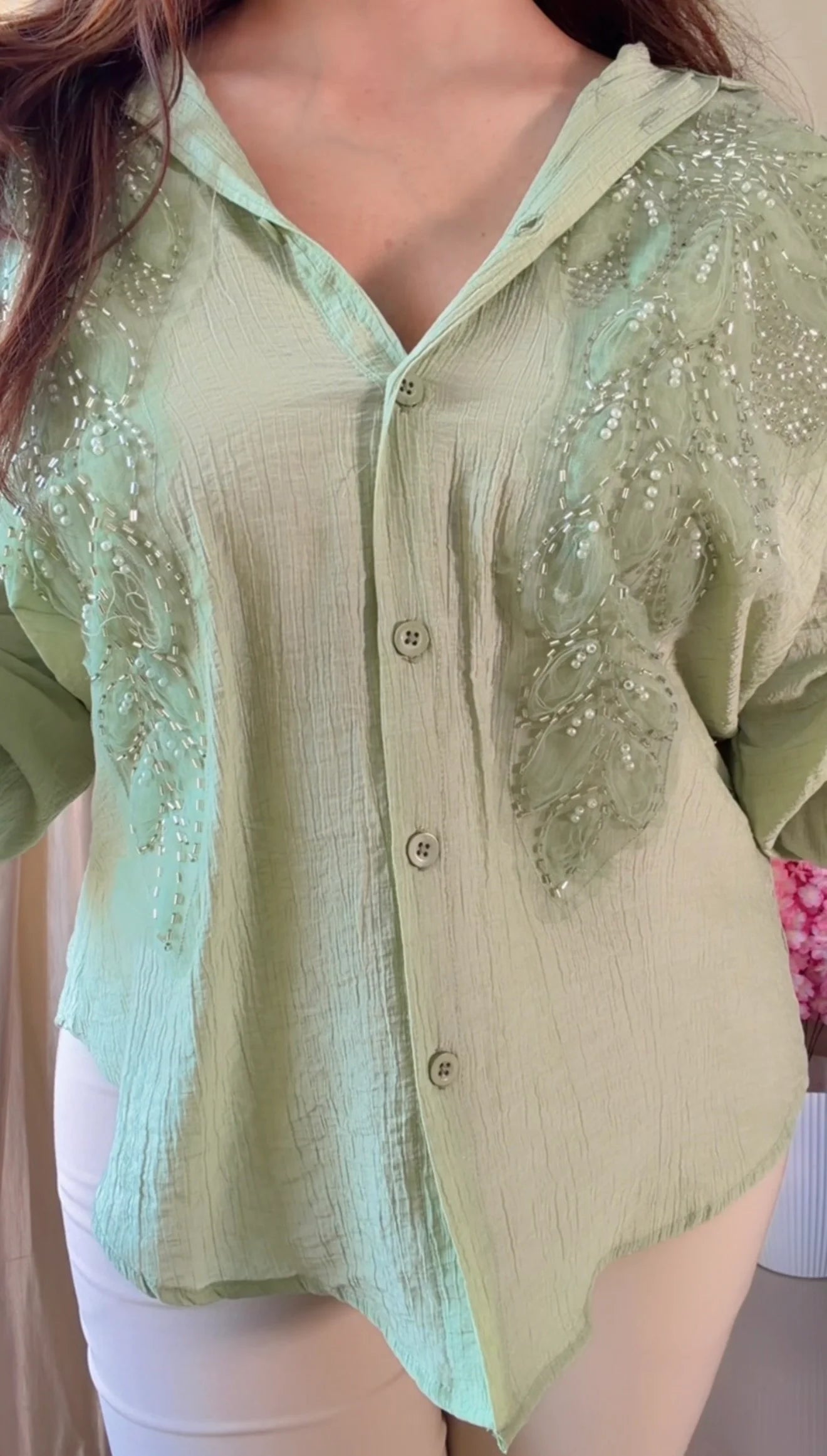 Pastel Green leaf Embroidered Premium Shirt