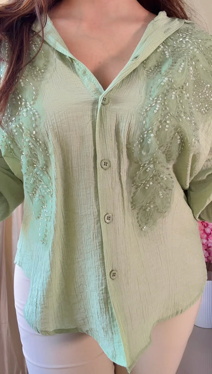 Pastel Green leaf Embroidered Premium Shirt