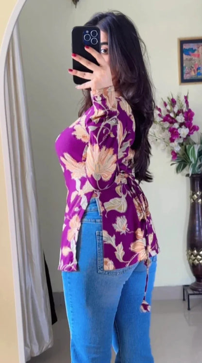 Women Floral Printed Square-Neck Pure Muslin Kurti (Purple) KT-123