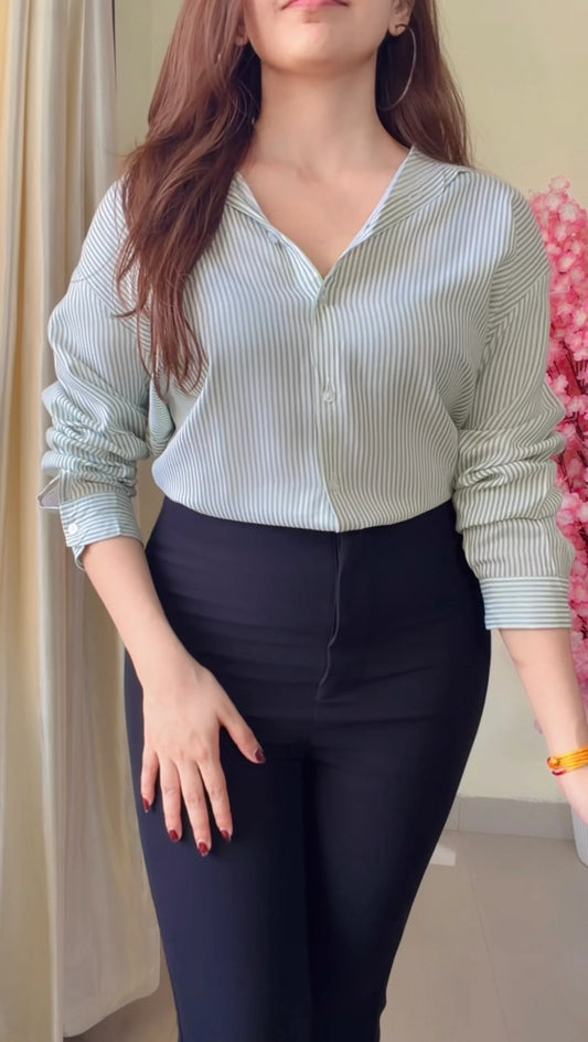 Green Striped V-Neck Casual Shirt