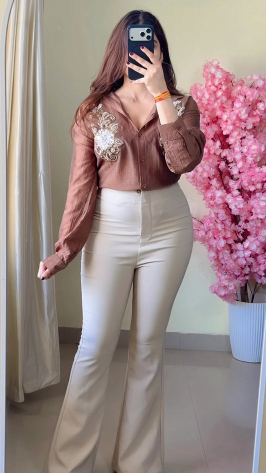 Brown Embellished Collar Shirt