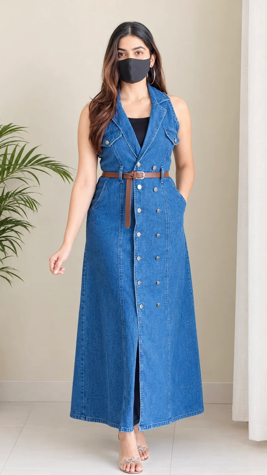 Premium Blue Denim Midi Dress With Belt