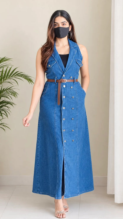 Premium Blue Denim Midi Dress With Belt