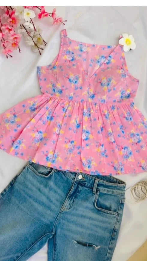 Pink Floral Shoulder Strapped Top KT-103