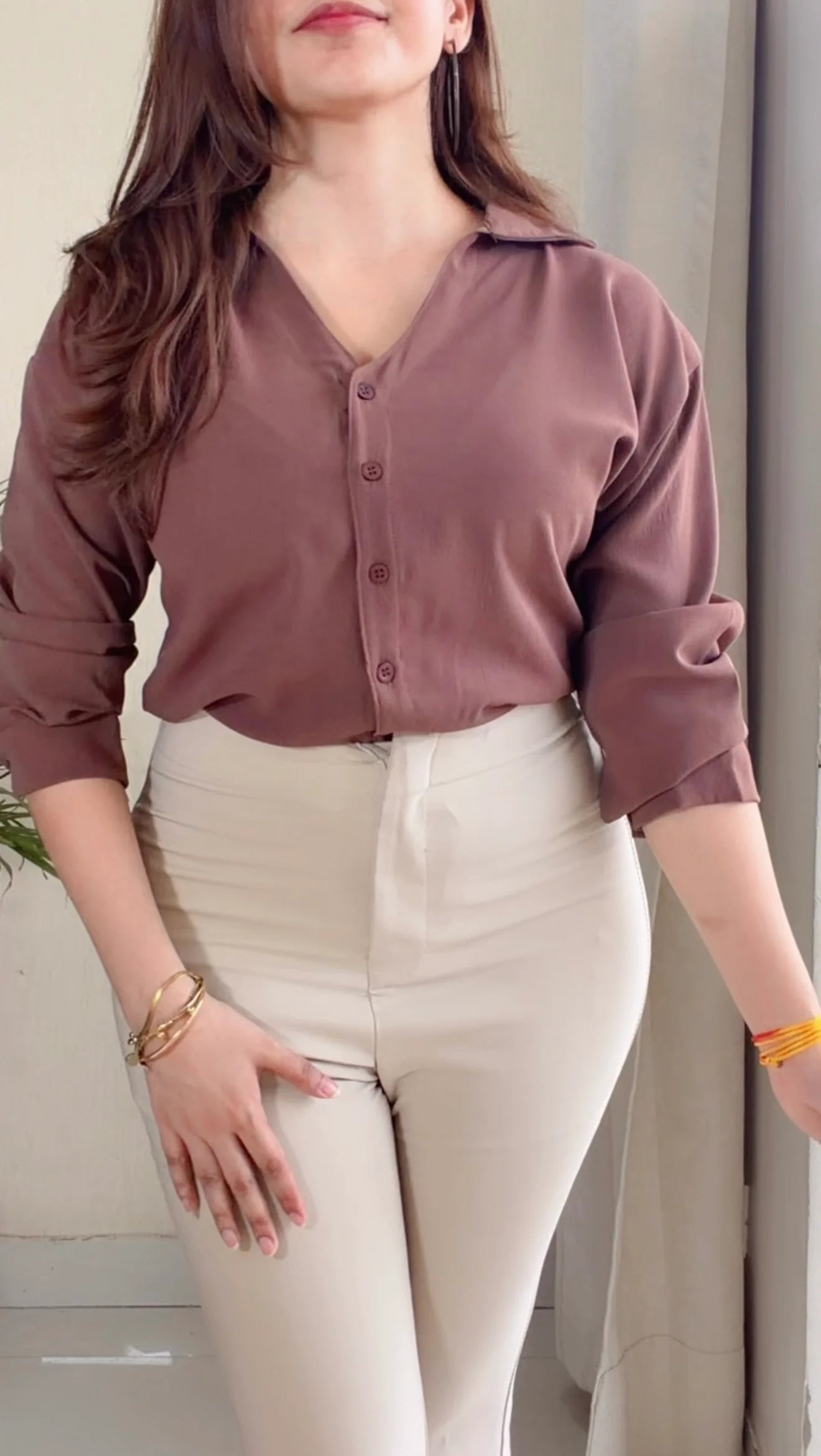 Brown Solid V-Neck Casual Shirt