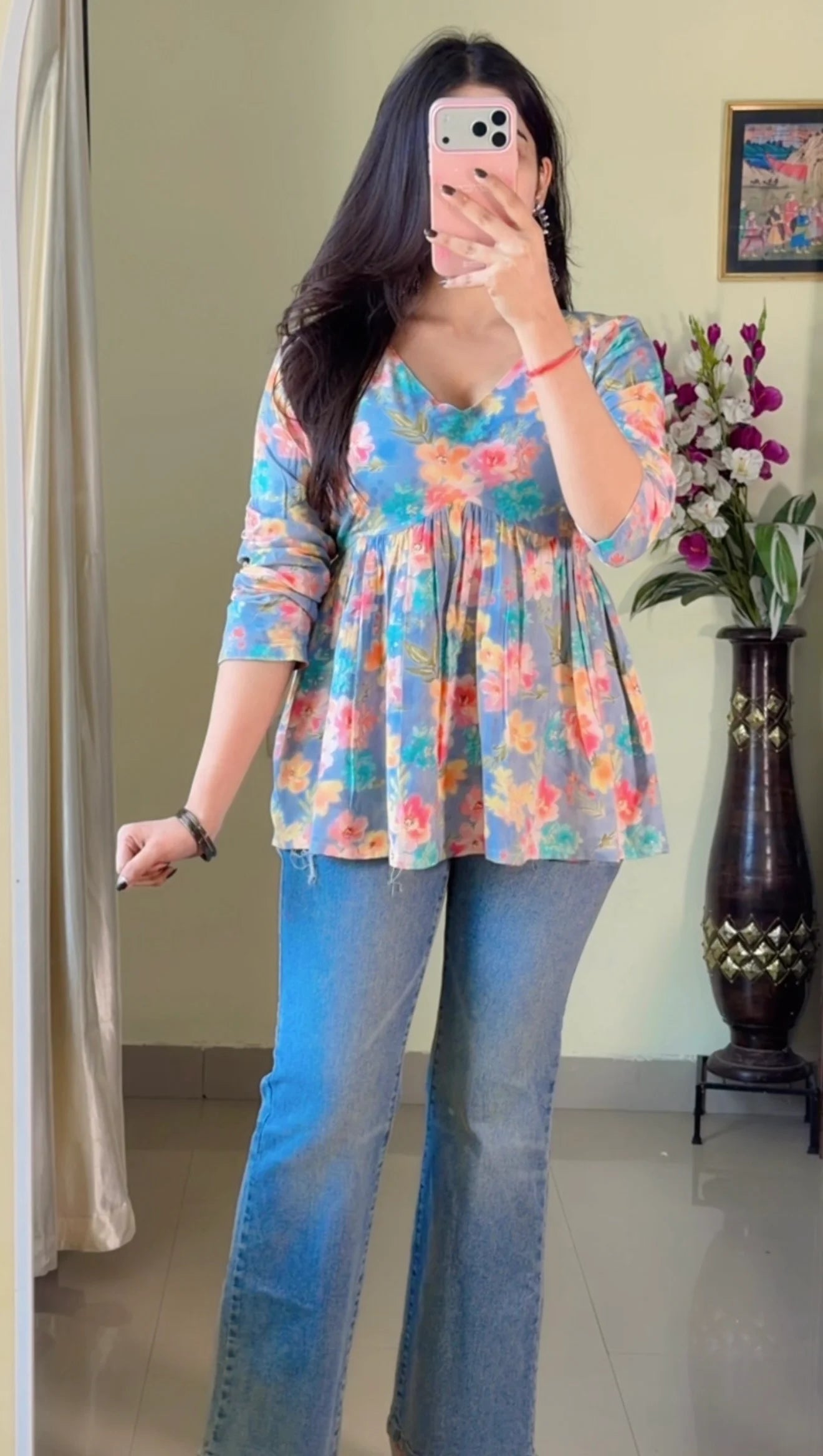 Blue Floral Flared Short Kurti