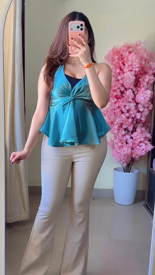 Satin Twist-Front Halter Peplum Top.