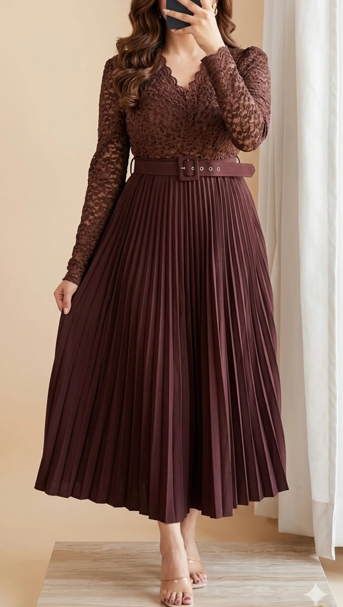 Mocha Brown Pleated Midi Skirt