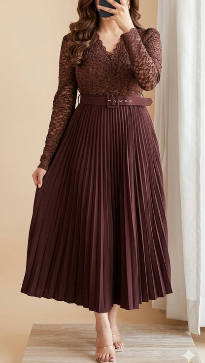 Mocha Brown Pleated Midi Skirt
